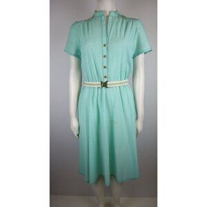 VINTAGE WOMEN'S TEXTURED GREEN BELTED SHIRT DRESS - KAY WINDSOR - SIZE S - FLAWS